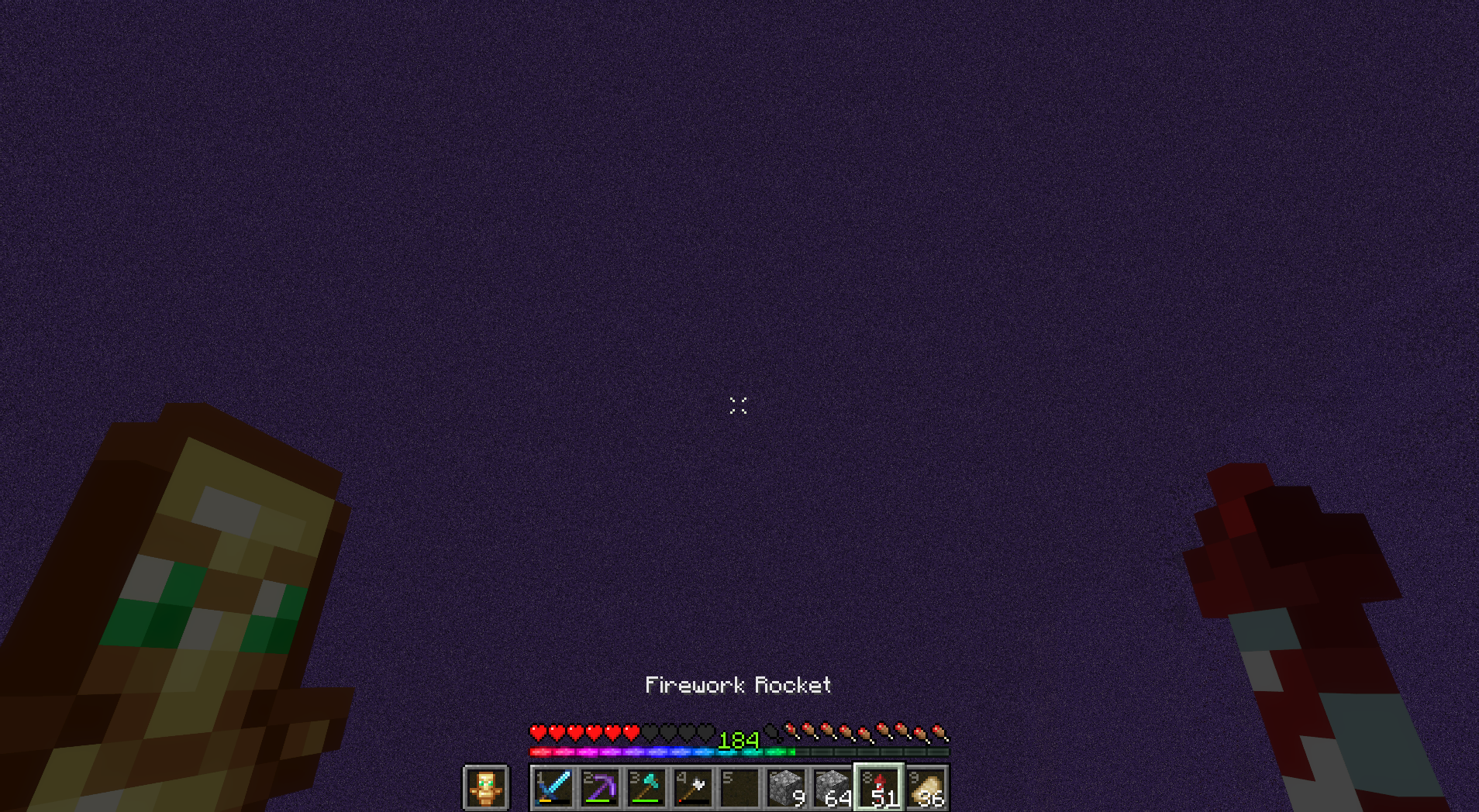 Screenshot of Minecraft gameplay; you are falling into the void of The End, with all your gear and rockets to escape.